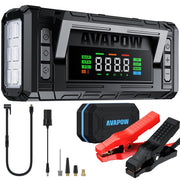 AVAPOW front view showing compact jump starter and compressor, clear emergency readiness