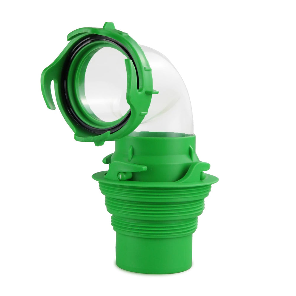 AVERON clear 90 elbow front view showing see-through flow and confidence