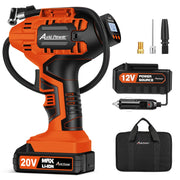 AVID POWER front view of cordless inflator showing compact design and handle for easy transport