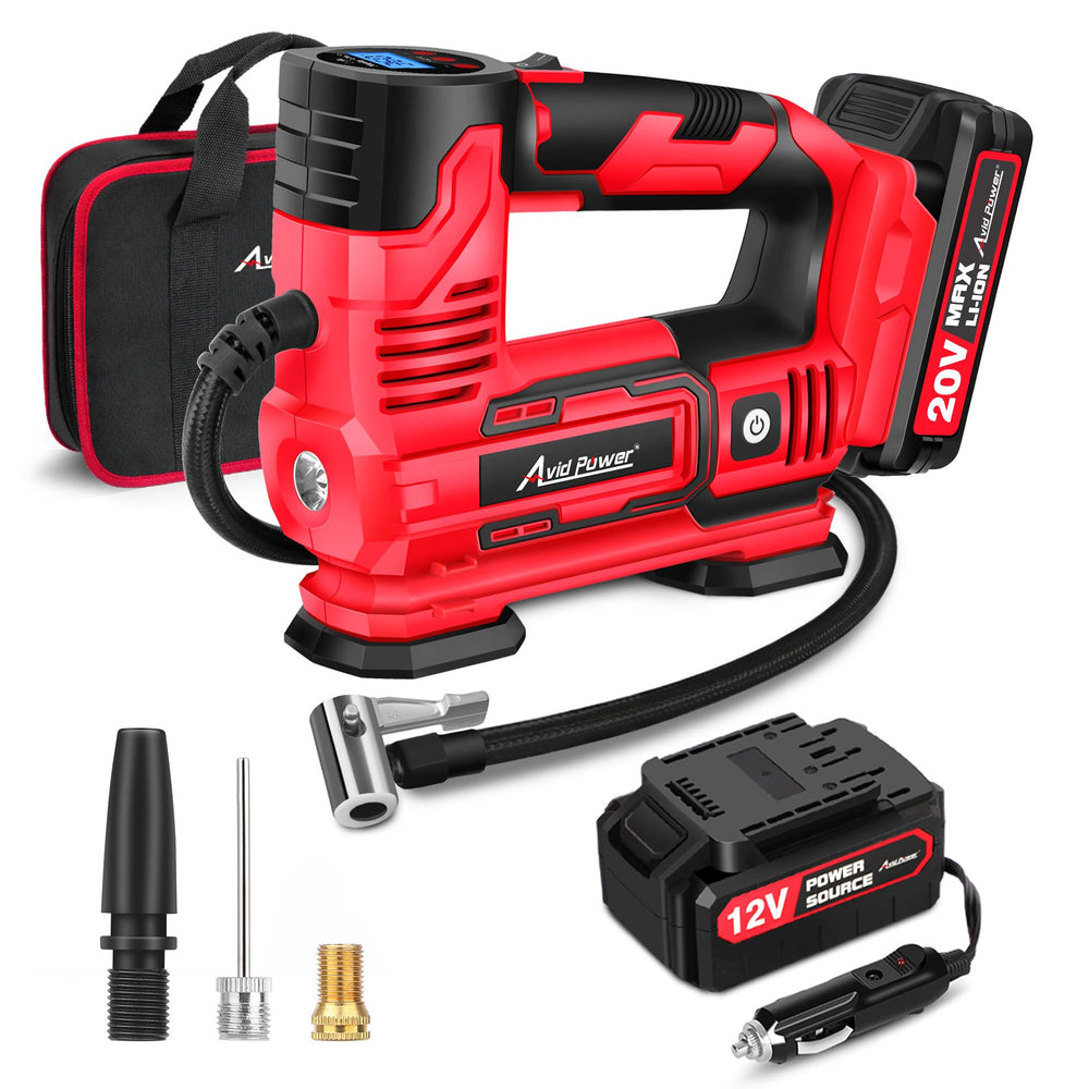 AVID POWER front view of portable inflator showing compact design and handle, saves trunk space