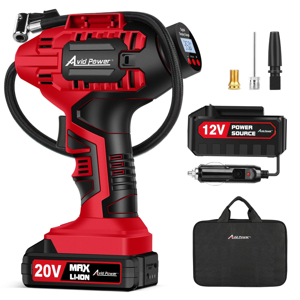 AVID POWER inflator front view showing compact design and handle for easy transport