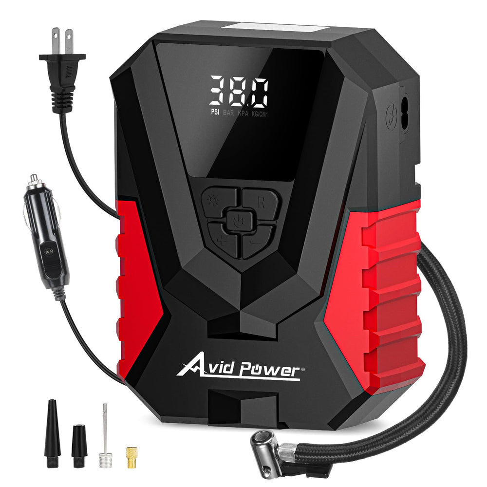 AVID POWER front view compact inflator, shows portable design and quick storage benefit