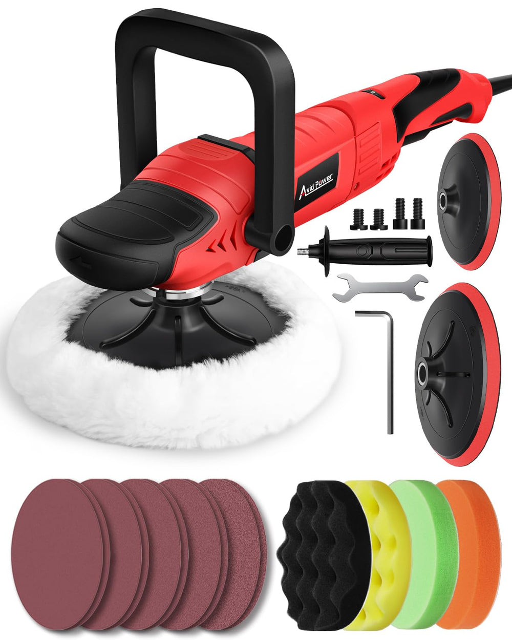 AVID POWER polisher front view showing balanced motor and ergonomic grip for steady polishing