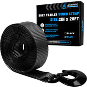 AXSIPEIX front view of winch strap showing label and heavy-duty webbing benefit