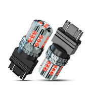 AZQOP front view of 3157 LED bulbs showing red lens and plug-and-play fitment
