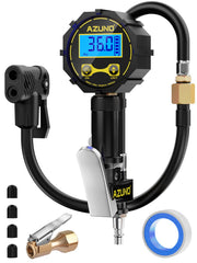 AZUNO front view showing dual-fit chuck and integrated digital gauge for quick inflation