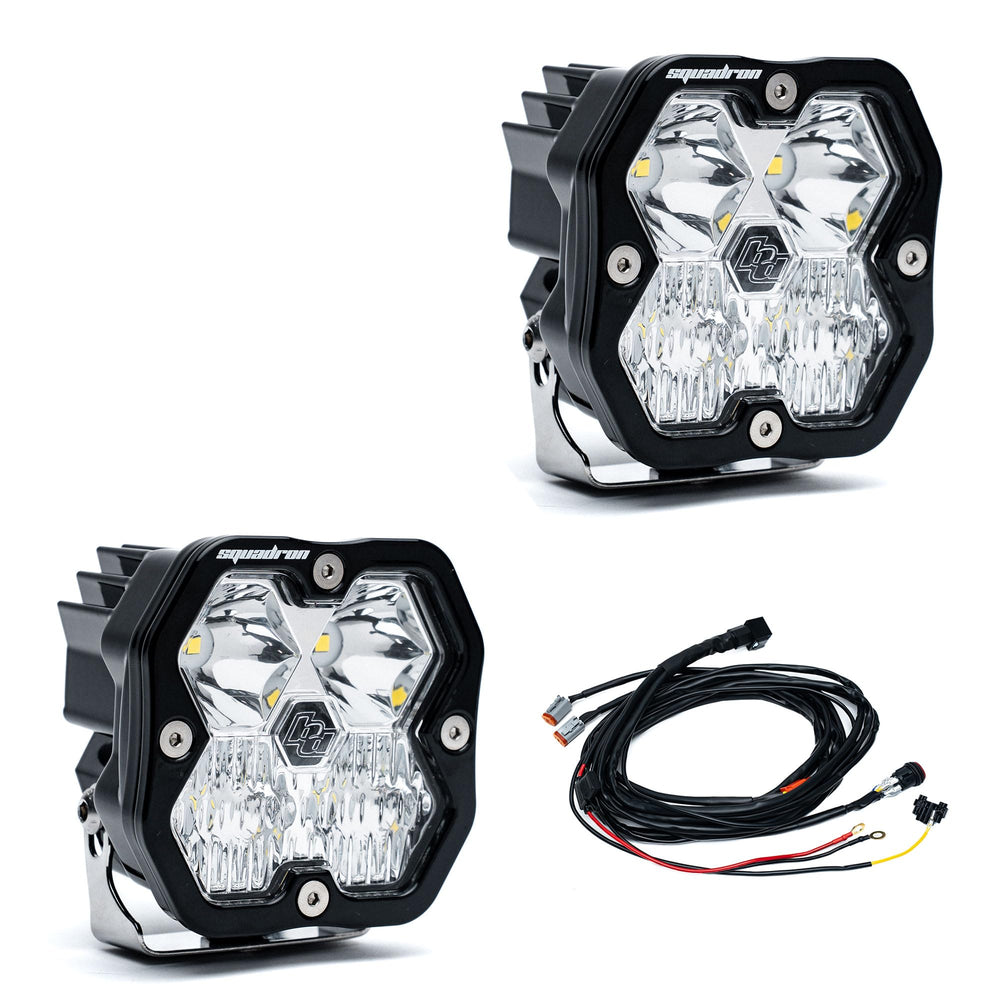 Baja Designs Squadron 2.0 Sport front view showing clear lens and mounting bracket, durable performance