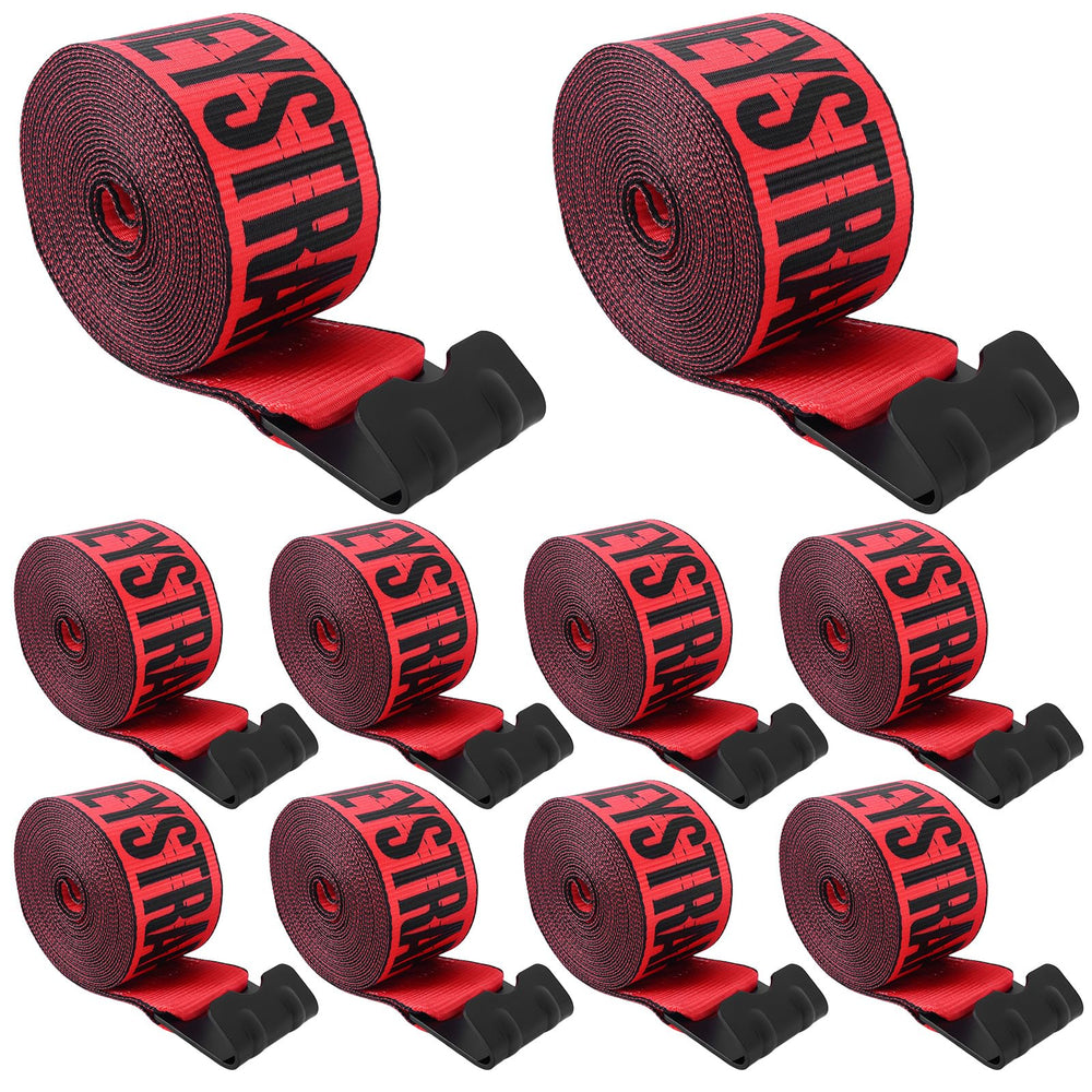 BANJEYSTRAPS front packaging showing 10 red 4x30 ft straps for quick inventory identification and safety