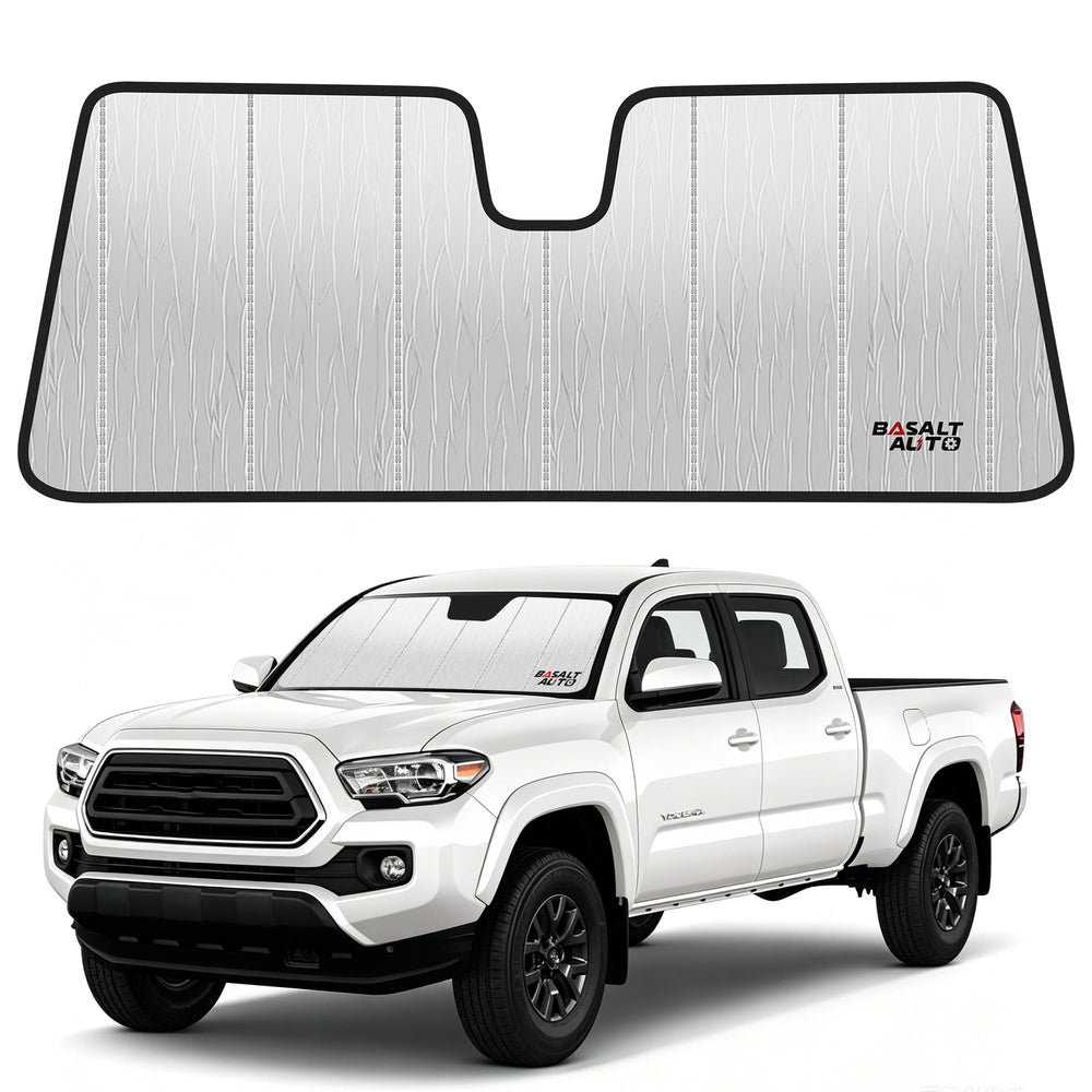 BasaltAuto front view of sun shade showing snug windshield fit benefits interior protection
