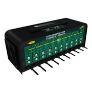 Battery Tender front view showing all ten bank ports and compact design benefit