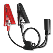 Battery Tender front view showing alligator clips and ring terminals for versatile charging