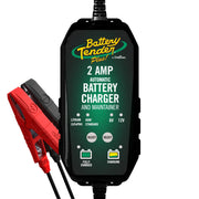 Battery Tender front view showing compact charger and benefit of easy storage