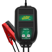 Battery Tender front view showing dual-bank ports and benefits of simultaneous charging