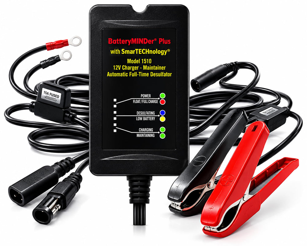 BatteryMINDer 1510 front view showing LED indicators and casing for quick status checks