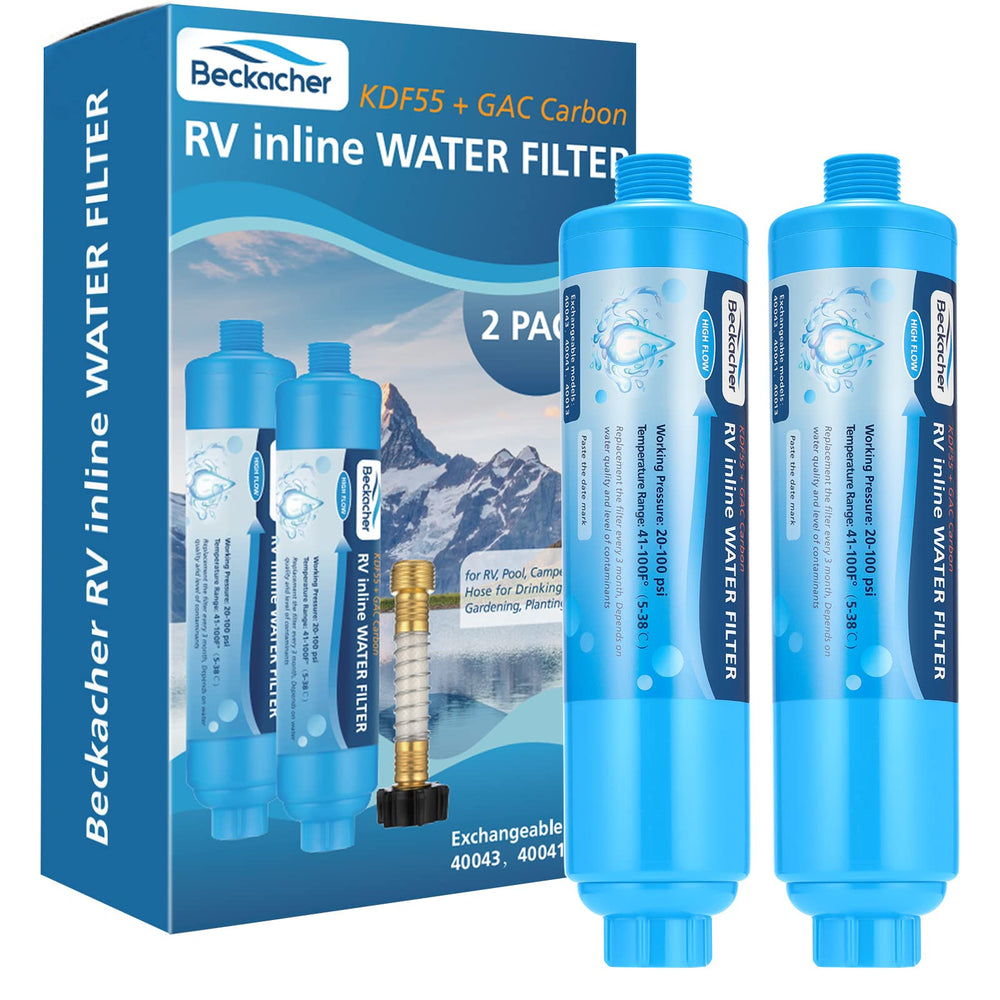 Beckacher front view of inline filter showing threaded ends for easy attachment and cleaner water