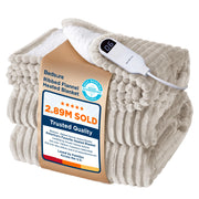 Bedsure front view of cream twin heated blanket showing neat ribbed design and cozy benefit