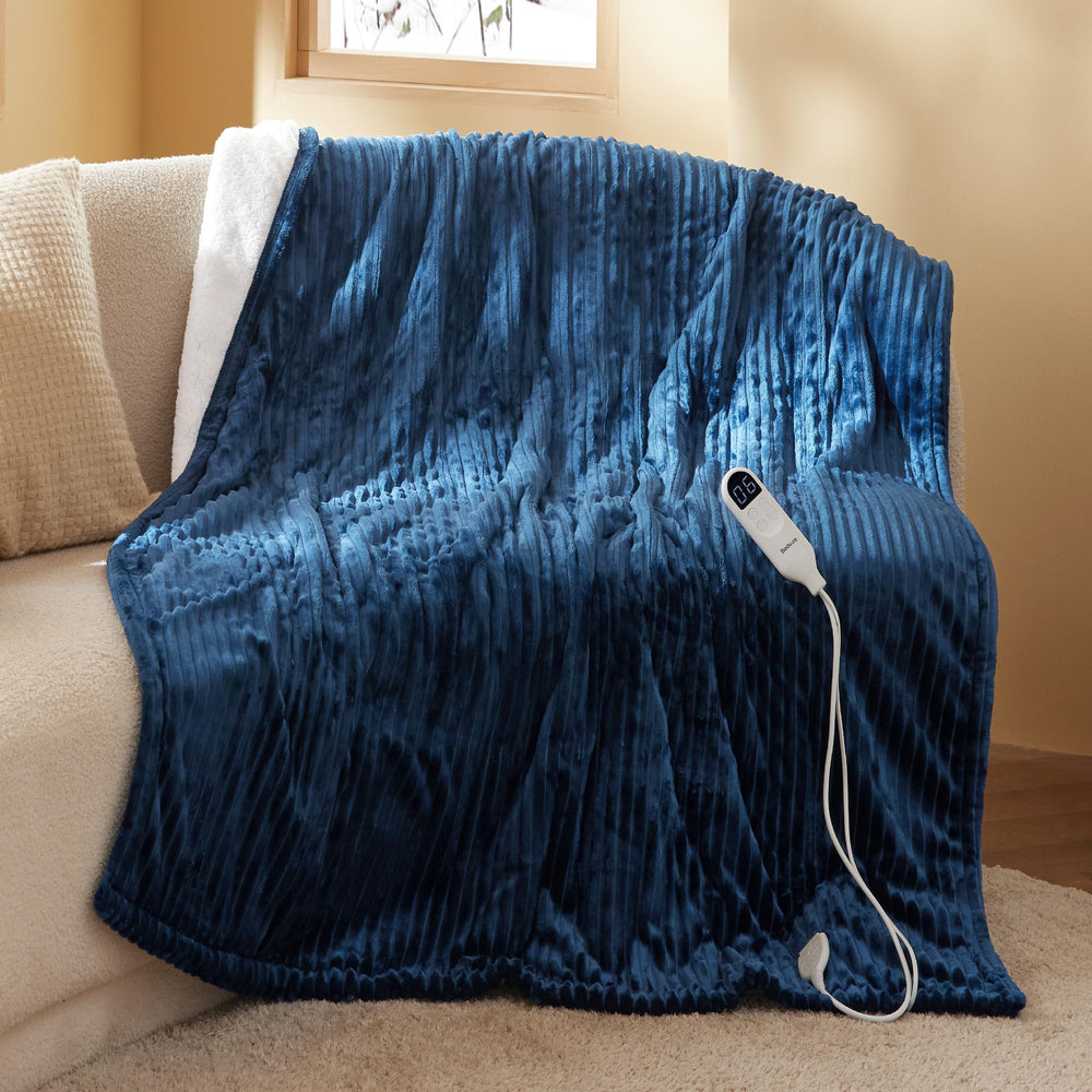 Bedsure navy throw front view showing ribbed fabric and cozy look