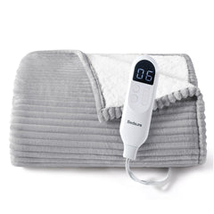 Bedsure ribbed throw front view showing plush comfort and modern light grey style