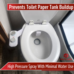 Beech Lane bidet installed on RV toilet demonstrating space-saving, paper-reducing benefit