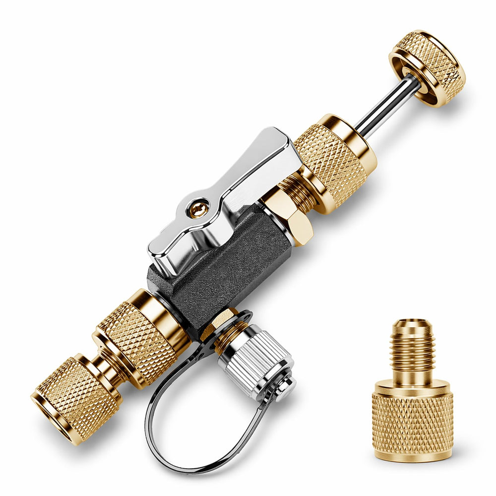 Behnor front view of valve core tool showing durable brass body and dual ports benefit quick identification