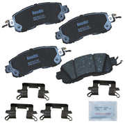 Bendix front packaging showing complete pad set and hardware, clear fitment benefit