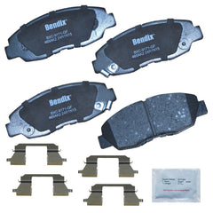 Bendix Priority1 front pads in package showing product and hardware for easy replacement