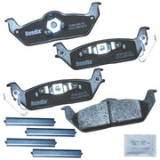 Bendix Priority1 packaging front view showing complete rear pad set and benefit of right fit