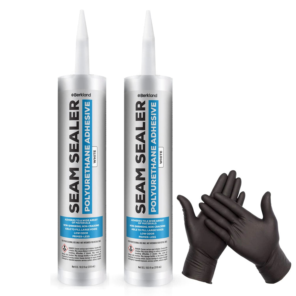 Berkland front packaging showing two white 10 oz cartridges and included gloves for convenience