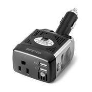 BESTEK front view compact inverter showing AC outlet and USB ports for convenient charging