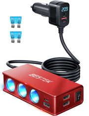 BESTEK front view of red splitter showing sockets and ports for versatile power