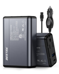 BESTEK inverter front panel showing AC outlet and ports, offering versatile power