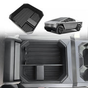 BestEvMod installed in Cybertruck armrest showing tidy front fit and organized storage