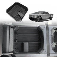 BestEvMod installed in Cybertruck armrest showing tidy front fit and organized storage