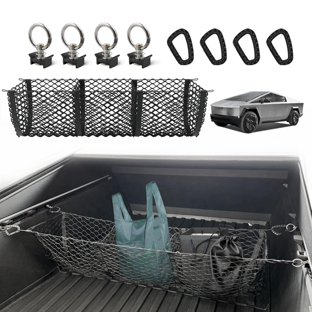 BestEvMod front view of cargo net fitting Cybertruck bed, secures items