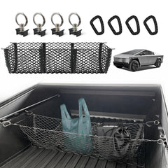 BestEvMod front view of cargo net fitting Cybertruck bed, secures items