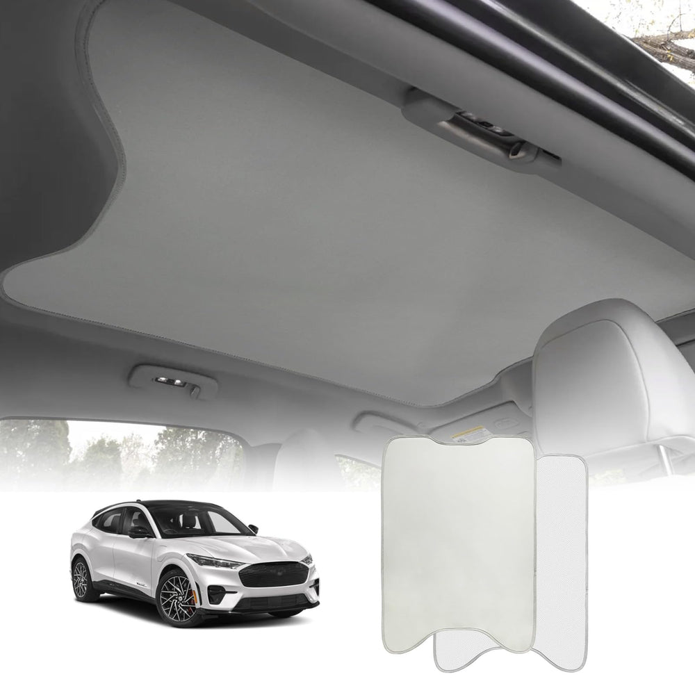 BestEvMod sunshade installed on Mach‑E sunroof showing neat fit and heat reduction
