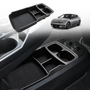 BestEvMod front view of lower console organizer showing tidy storage benefit