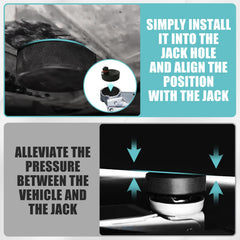 BestEvMod pad fitted on a floor jack lifting a Mach‑E, improves stability