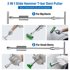 BESTGLOAL T-bar slide hammer in use lifting a car dent with controlled force