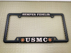 BestLicensePlateFrames USMC edge detail showing black weather-resistant coating and metal strength