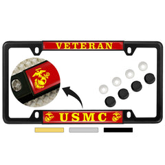 BestLicensePlateFrames front view showing USMC EGA emblem and thin black frame, polished look
