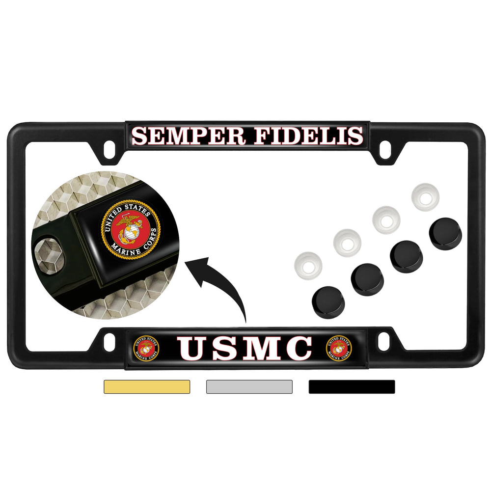 BestLicensePlateFrames USMC front view showing Semper Fidelis design and durable finish