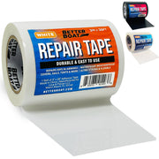 Better Boat front view of white repair tape roll showing label and clean finish benefit