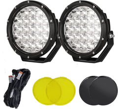 BIGLION.X front view showing round LED lights and bright amber beams for improved road visibility