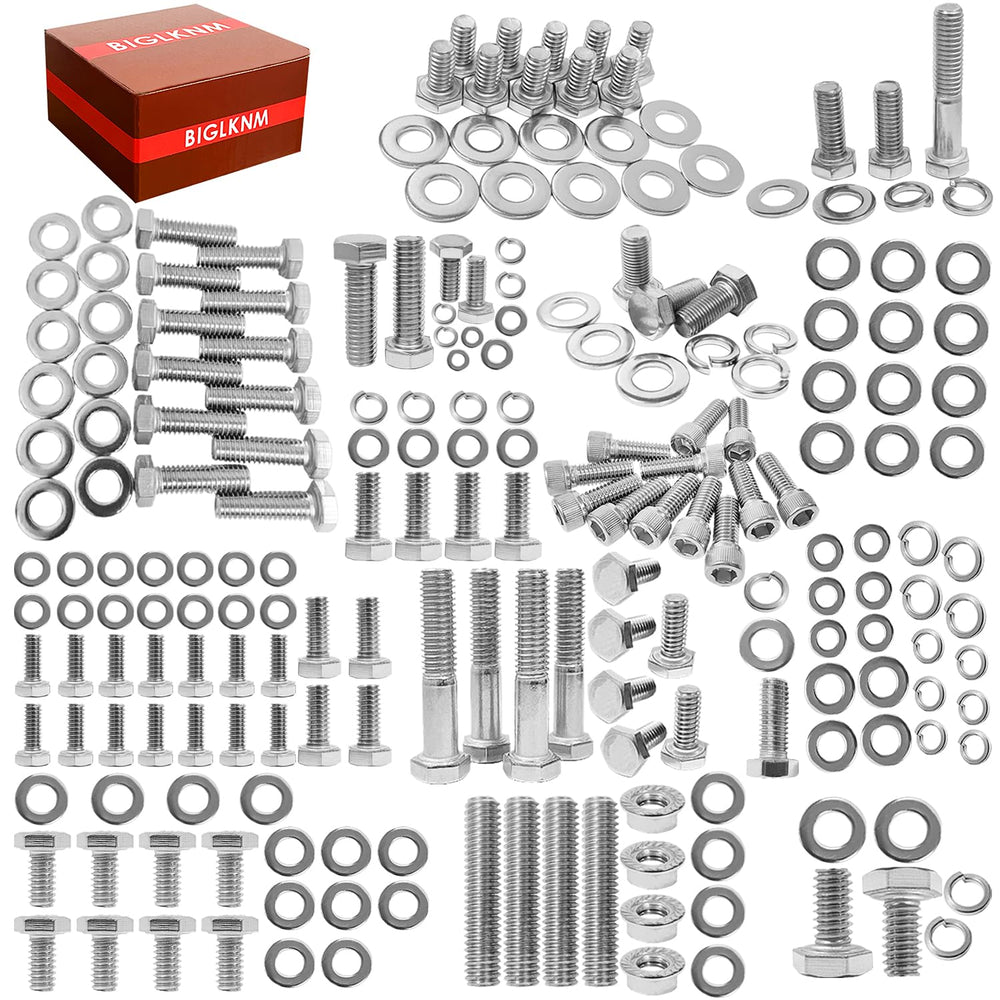 BIGLKNM front packaging of 211-piece Chevy small block bolt kit showing contents organization and convenience