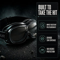 Bikershades on rider demonstrating wind and debris protection
