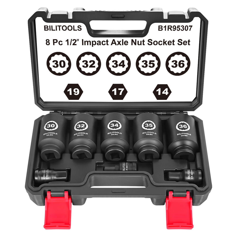 BILITOOLS front packaging showing full 8-piece axle socket set and case, quick identification benefit