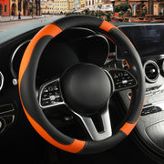 Binsheo front view of steering wheel cover showing black and orange design and secure fit