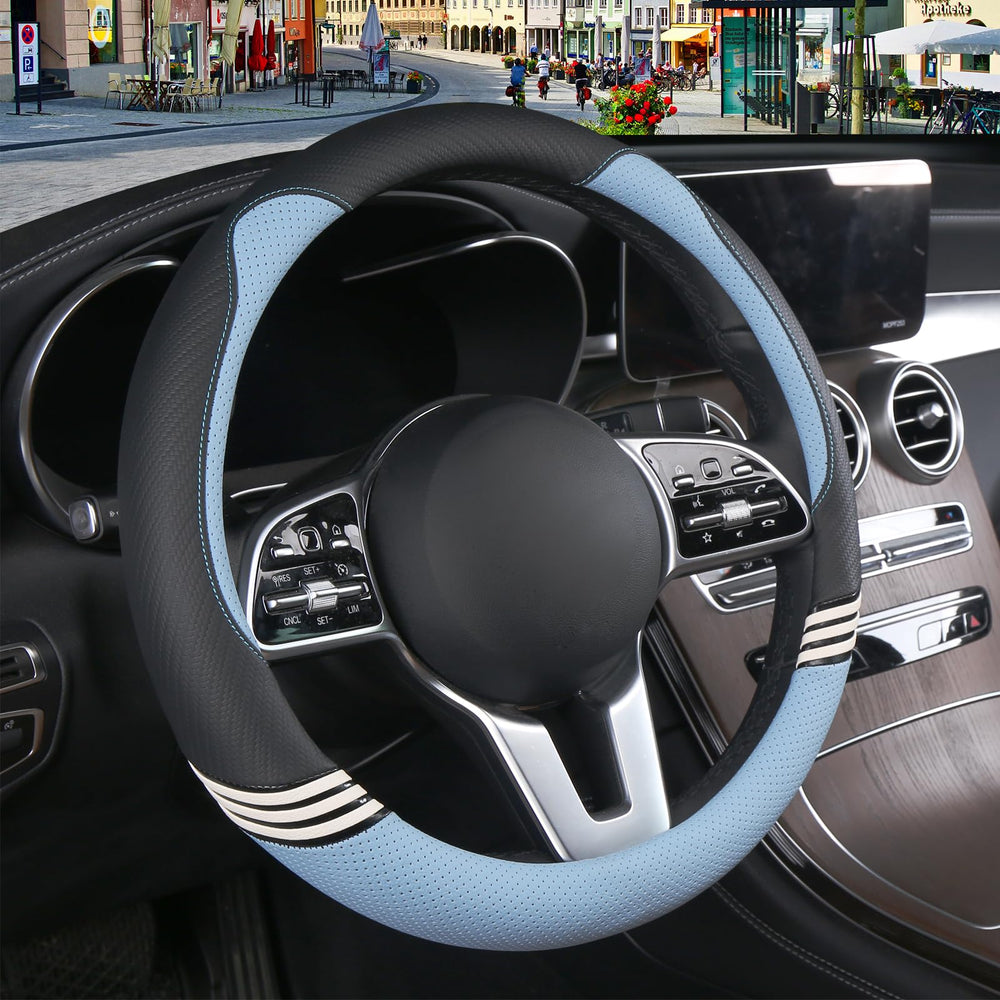 Binsheo front view of black and blue steering wheel cover showing cute style and improved grip
