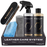 Blackline front packaging showing full leather care kit and easy setup